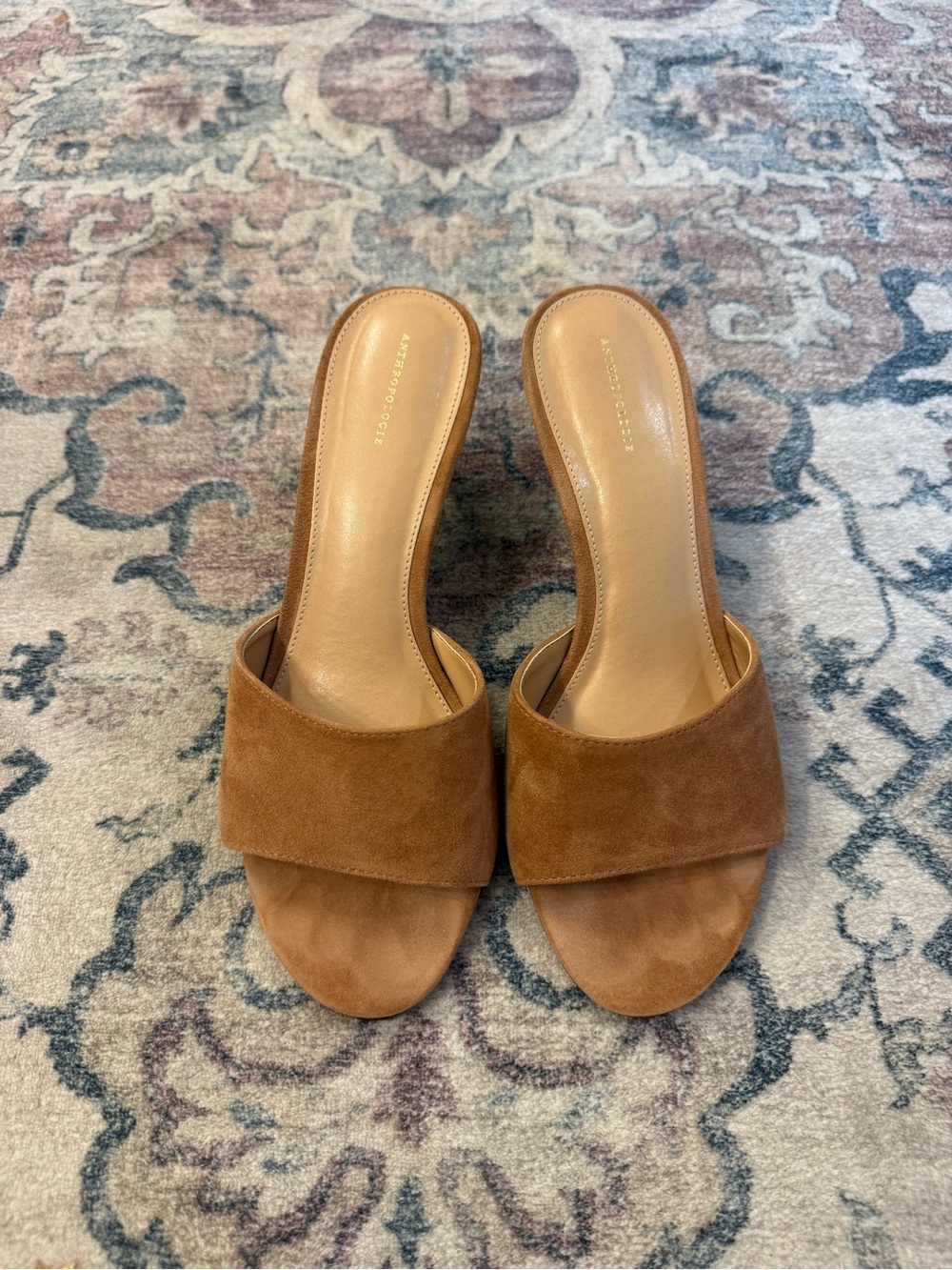 Anthropologie Tan Suede Open-Toe Slide Mules